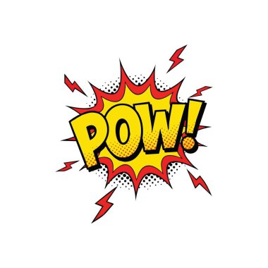POW Comic Style Pop Art Patlaması. Dinamik patlama baloncuğunda kalın harfler, canlı renkler ve yarım ton noktalar var. Yıldırımla vurgulandığında, güçlü bir darbe ve ani bir eylem anlamına gelir..