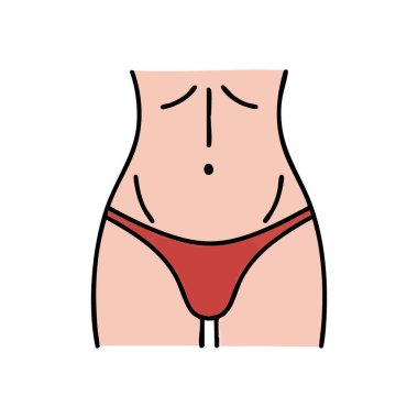 Kadın Gövdesi Minimalist İllüstrasyon. Bu temiz çizgi sanatı, canlı kırmızı iç çamaşırı giyen bir kadının karnını gösteriyor. Sağlık, kişisel bakım ve olumlu vücut imajını sembolize eder..
