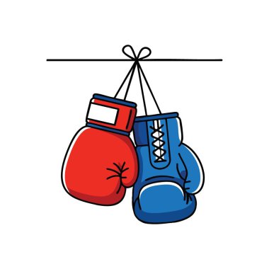 Klasik Boks Eldiveni Çifti. Canlı kırmızı ve mavi savaş eldivenleri askıya alınır, rekabeti, gücü ve atletik mücadele ruhunu simgeler..