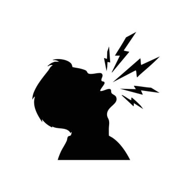 Öfkeli Gürültülü Ses Gücü. Bu vektör illüstrasyonu, insan profilini, enerjik yıldırımlarla çığlık atarak protesto, öfke ya da etkili konuşma gibi kavramları ileterek gösteriyor..