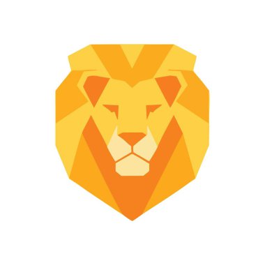 Geometrik Aslan Kafa Sembolü. Görkemli bir kedinin çokgen tasviri. Güç, cesaret ve liderliği temsil eder, canlı modern sanatla..