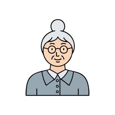 Gülümseyen Son Sınıf Bayan İllüstrasyonu. Büyük anne figürünün neşeli bir canlandırma ikonu. Bu sanat eseri sıcaklığı, bilgeliği ve davetkar bir varlığı temsil ediyor..