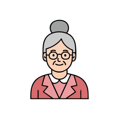 Yaşlı Kadın Karakteri Çizimi. Dost canlısı, gözlüklü, gri çörekli, bilgelik ve deneyimle kıdemli kadın avatarı. Profil, sağlık ve aile kavramları için mükemmel..