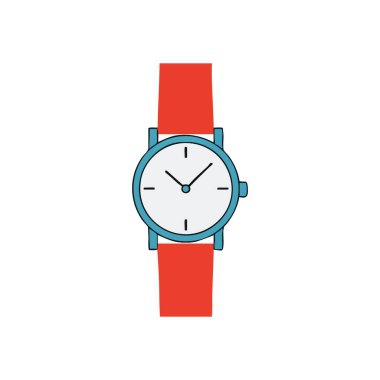 Renkli Zaman Parçası Çizimi. Temiz ve basit bir bilek aksesuarı koyu kırmızı kayış ve açık mavi çerçeve. Dakikliği, modern stili ve zaman yönetimini temsil eder.