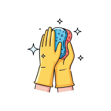 Süngerle Korunan Eller. Eldivenli temizlik, özenli temizlik ve ev temizlik çabalarını temsil ediyor..