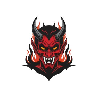 Şeytani Ateşli Canavar Kafa Çizimi. Boynuzları, keskin dişleri ve parlayan gözleri olan tehditkar kırmızı bir varlık. Gücü, isyanı ve azılı ruhu simgeler..