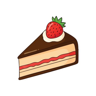 Çilekli çikolatalı kek dilimi. Lezzetli bir şekerlemenin iştah açıcı karikatür grafiği çilekli süslemeli ve kremalı. Neşeyi, kutlamayı ve hoşgörüyü simgeler..