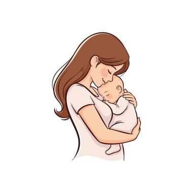 Sübyancı Anne. Değer veren bir ebeveyn, uyuyan çocuğunu sevgiyle kucaklayarak derin bir sıcaklık yayar. Bu illüstrasyon, yeni ebeveynliğin derin ve kırılmaz bağlantısını temsil eder..