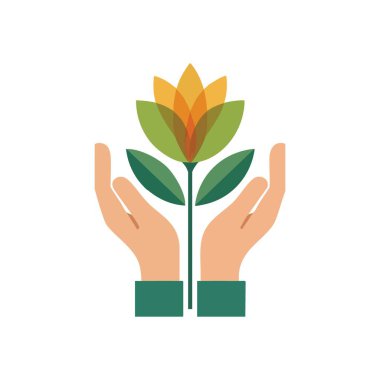 Yeşili Yeşillendiren Eller. Gelişmekte olan bir bitkiyi kucaklayan, çevresel korumayı, sürdürülebilir kalkınmayı ve hayati yaşam desteğini temsil eden insan avuçlarının sembolik bir tasviri.