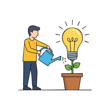 Büyümek için parlak fikirler geliştirmek. Bu illüstrasyon, yaratıcılık, problem çözme ve entellektüel gelişimi sembolize eden gelişmekte olan bir konsepti destekleyen bir bireyi tasvir eder..