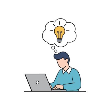 Dijital Parlak Düşünce Fikri. Çevrimiçi bir işle uğraşan bir birey bir anlık bir içgörü patlaması yaşar. Bu çizim yaratıcılığı, problem çözmeyi ve yenilikçi çözümleri sembolize eder..