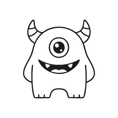 Şirin Tek Gözlü Canavar Karakteri. Boynuzlu sevimli beyaz Tepegöz. Dost canlısı, gülümseyen, karanlık bir arka planda çocukluk hayalinin vücut bulmuş hali..