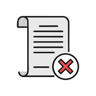 Reddedilmiş Belge Simgesi. Bu grafik iptal edilmiş bir raporu veya geçersiz bir kaydı betimler. Hataları, inkarı ve bilgiyi kaldırmayı sembolize eder. Kullanıcı arayüzleri için mükemmel.