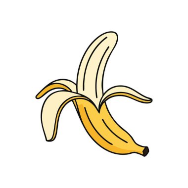 Soyulmuş Muz Minimalist Simgesi. Kısmen açık bir meyvenin grafik tasviri. Koyu arkaplandaki bu canlı sarı ürün doğal enerjiyi ve sağlıklı besinleri gösteriyor..