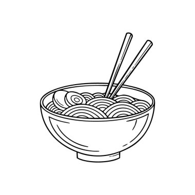 Klasik Ramen Tabağı İllüstrasyonu. Doyurucu çubuklu şehriye çorbasının minimalist taslağı. Bu basit grafik geleneksel Japon mutfağının özünü yakalar, sıcaklığı ve rahatlığı sembolize eder..