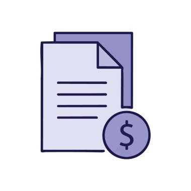 Mali Belge ve Madeni Para Simgesi. Yığılmış kağıtlar ve bir dolar para birimi amblemi içeren illüstrasyon tasarımı. Bu grafik faturalandırmayı, parasal anlaşmaları veya gider takibini sembolize eder.