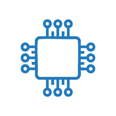 Dijital Mikroçip Simgesi. Soyut mavi ve beyaz işlemci birimi grafiği. Teknolojik yenilik, akıllı sistemler ve küresel veri bağlantılarını temsil eder.