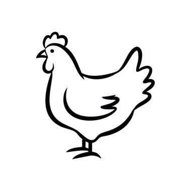 Minimalist Tavuk Silueti. Çelişkili, beyaz bir kümes hayvanı amblemi. Bu temiz grafik çiftlik hayvanlarını, sağlıklı ürünleri ve doğal tarım kavramlarını temsil ediyor..