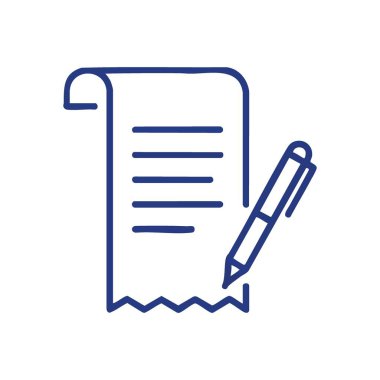 Mali Belge Yazma Simgesi. Minimalist vektör grafiği bir enstrüman ile birlikte bir makbuz veya kaydırma tasvir ediyor. Finansal kayıtları, anlaşmaları ve verimli yönetimi sembolize eder..