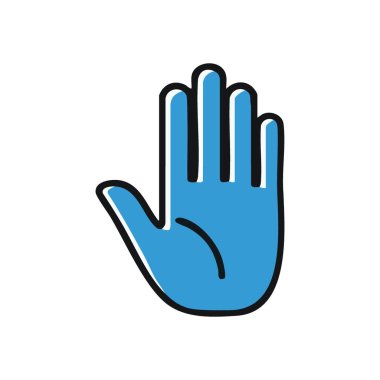 Mavi El Durma Hareketi Sembolü. Açık bir avuç içi grafiği, siyahla özetlenmiş, uyarı, yasaklama ya da duraklama iletir. Güvenlik ve arayüz tasarımı için mükemmel.