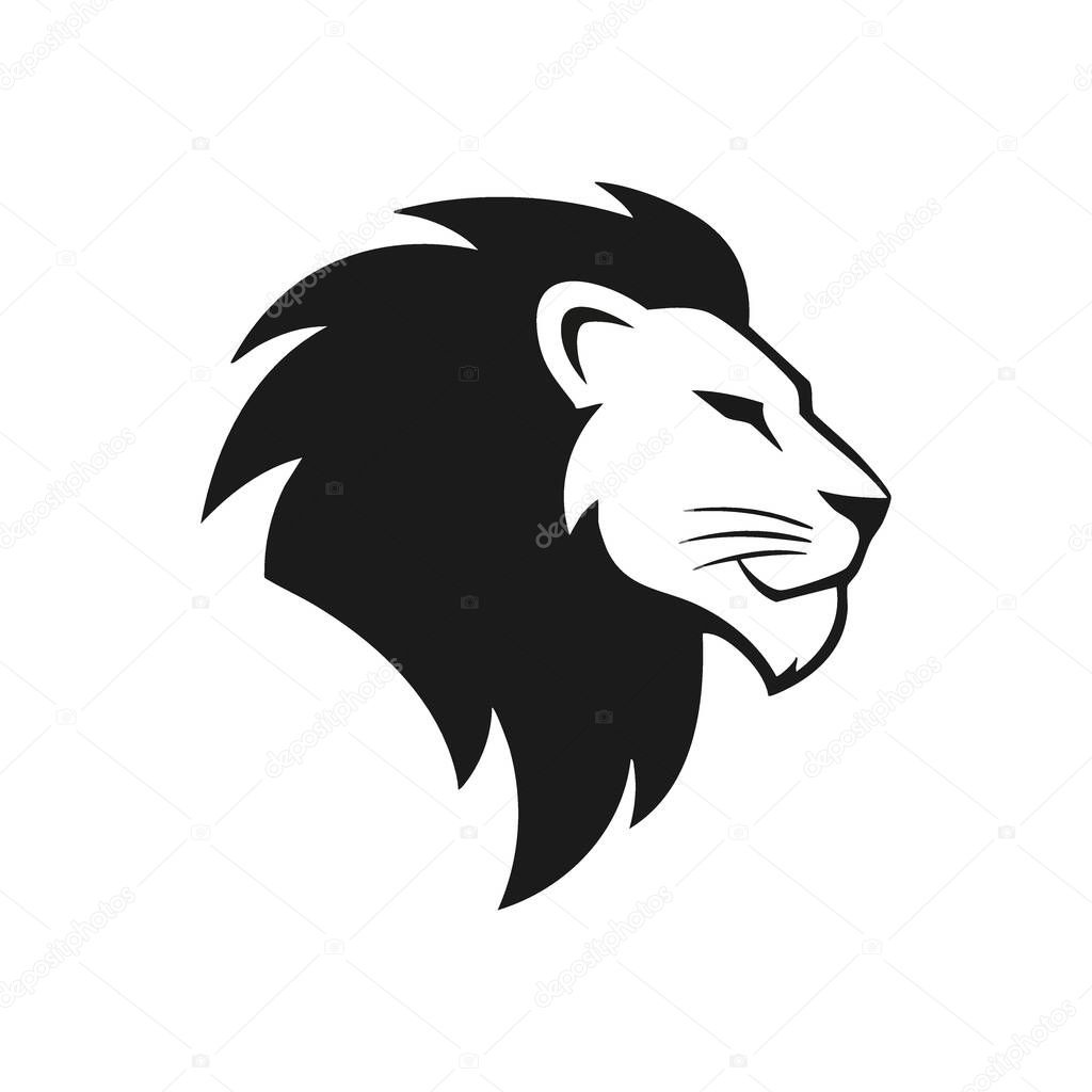 Powerful Lion Head Profile Design. This striking graphic depicts a majestic wild cat's head in a side view. Its bold white features stand out against the deep dark backdrop, embodying strength and.