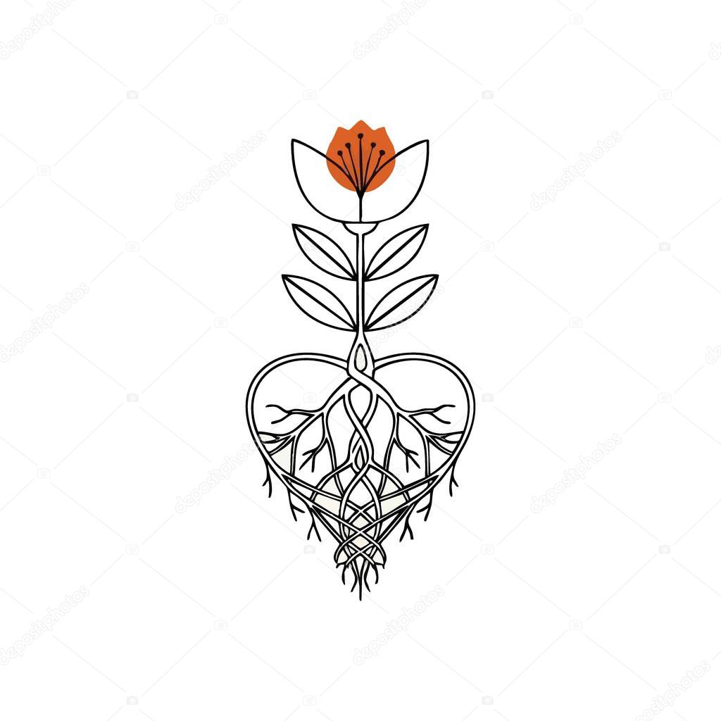 Heart Rooted Bloom Symbol. Elegant line art of a vibrant floral with deep foundations forming a heart. This artistic emblem signifies enduring affection, organic flourishing, and vital connections.