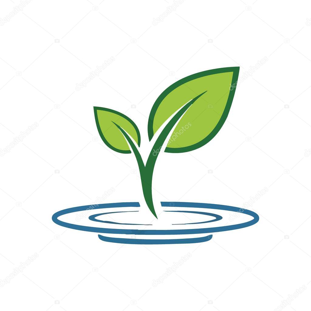 Green Sprout on Blue Water Surface. A vibrant plant emblem emerging from calm liquid ripples. Symbolizes environmental care, sustainable growth, and ecological balance for a healthy planet.