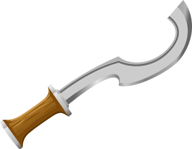  Geleneksel bir khopesh kılıcına yakın çekim, kavisli metal bir bıçak ve tahta sapı var. Tarihi, arkeolojik veya fantezi temalı görseller için ideal