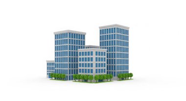 Bu bir grup ofis binasının dijital kopyası. Binalar modern ve camdan yapılmış. Binalar ağaçlar ve otlarla çevrili. Gökyüzü mavi.