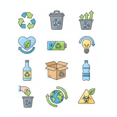 Sürdürülebilirliği desteklemek için ideal bir geri dönüşüm ve çevre koruma ikonları. Beyazlar üzerinde geri dönüşüm, atık azaltma ve çevre dostu uygulamalar için semboller içerir.