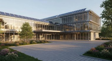 Modern bir ofis binası dışarıdan görülür ve mimari tasarımı sergilenir. Çatıdaki güneş panelleri binanın sürdürülebilirliğe olan bağlılığını vurguluyor.