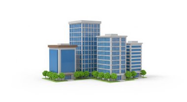 Bu, bir grup modern binanın üç boyutlu bir yansıması. Binalar cam ve çelikten yapılmıştır ve yeşil ağaçlarla çevrilidir. Gökyüzü mavi ve güneş parlıyor..