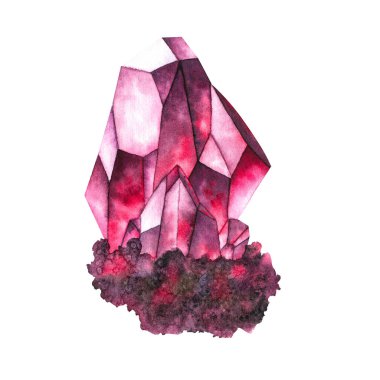 Watercolor illustration radiant ruby crystal with faceted edges in deep red and subtle dark tones. for designs related to esotericism, crystal healing, spirituality, and jewelry.