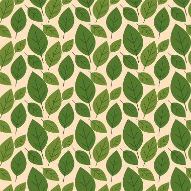 Bej arka planda üst üste binen yeşil yapraklı kusursuz vektör deseni. Tekstil baskıları, duvar kağıtları, ambalajlar, çevre dostu tasarımlar ve doğadan esinlenilmiş projeler için mükemmel..