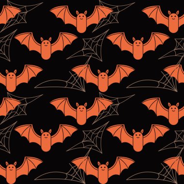 Siyah arka planda sevimli turuncu yarasalar ve örümcek ağları olan kusursuz bir vektör deseni. Cadılar Bayramı süslemeleri, parti davetiyeleri ve şenlik tasarımları için mükemmel..