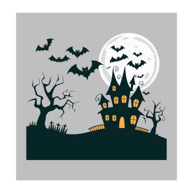 Arka plan vektör sanatı ve illüstrasyonlu Mutlu Cadılar Bayramı tipografi silueti.