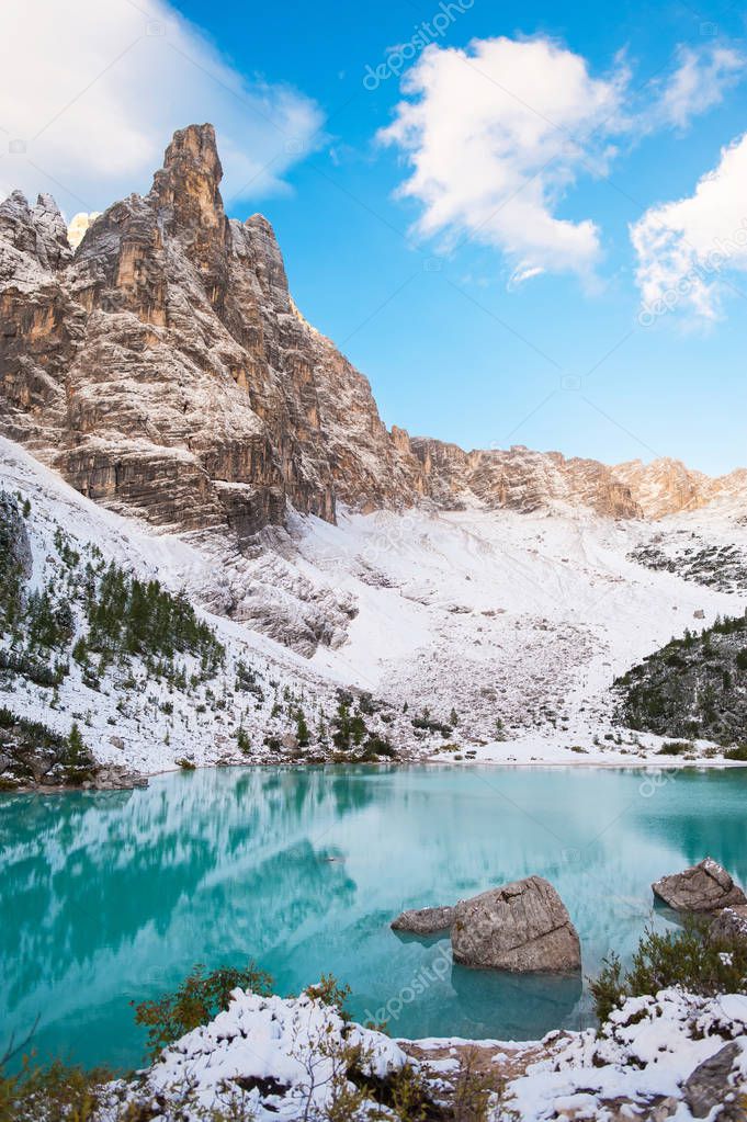 The mountain lake La-go in Dolomite Alps. Italy, with amazing turquoise color of water.