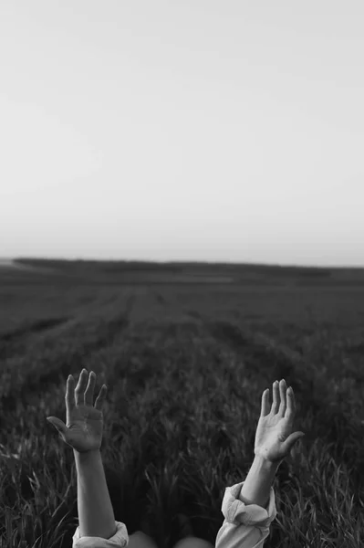 Hände Des Künstlers Auf Dem Hintergrund Der Horizontlinie Feld — Stockfoto