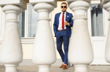 Genç yakışıklı işadamı portresi resmi kıyafet ve güneş gözlüğü duruyor. Kendinden emin ve başarılı erkek takım elbise.