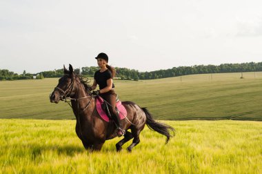 Doğada bir kız ve genç bir spor atı
