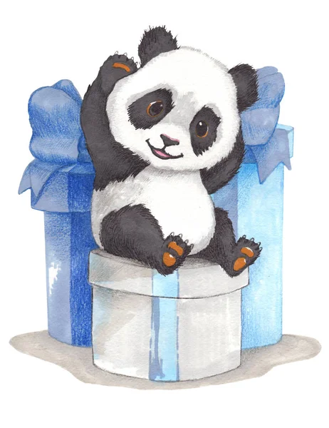 Hediye kutularında oturan küçük sevimli panda