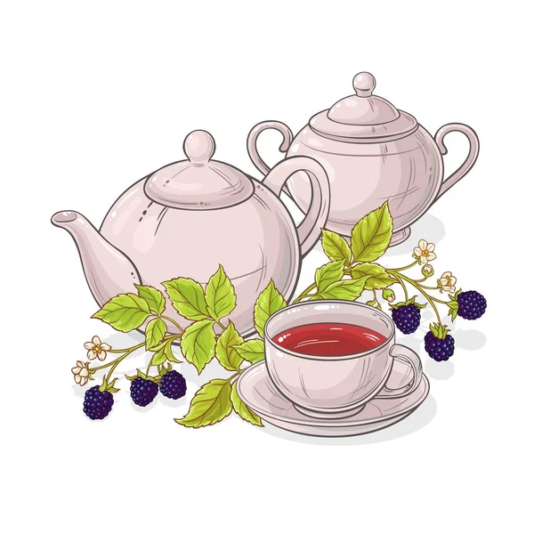 Cup Blackberry Tea Teapot Illustration White Background — Stock Vector