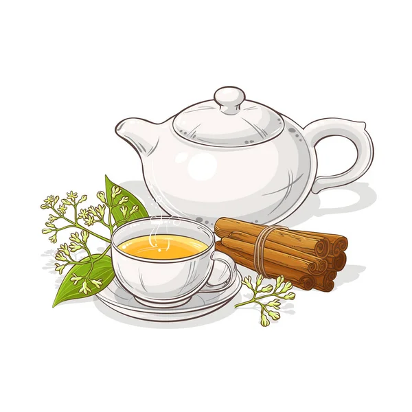 Φλυτζάνι Κανέλα Τσάι Και Teapot Εικονογράφηση Λευκό Φόντο — Διανυσματικό Αρχείο