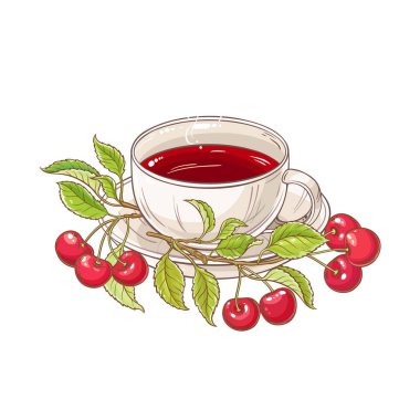 kiraz çay resimde beyaz arka plan üzerinde fincan