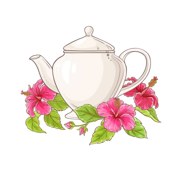 Hibiscus Tea Teapot Illustration Whte Background — Stock Vector