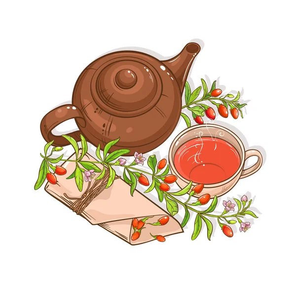 Goji Çay Çaydanlık Çizimde Beyaz Arka Plan Üzerinde — Stok Vektör