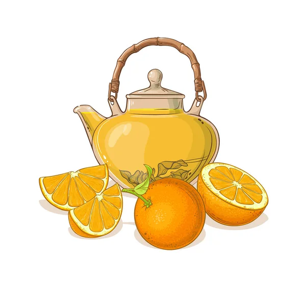 Апельсиновий Чай Чайнику Ілюстрація Білому Фоні — стоковий вектор