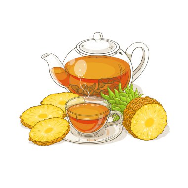 ananas çay çaydanlık çizimde beyaz arka plan üzerinde