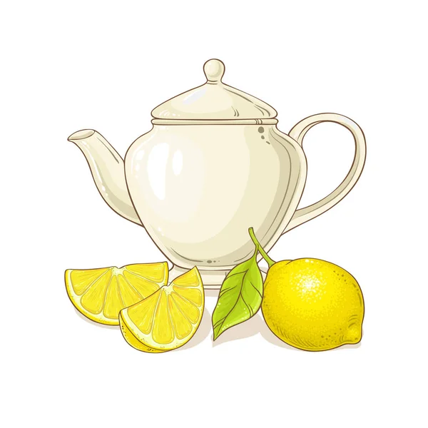 茶壶中的柠檬茶白色背景插图 — 图库矢量图片