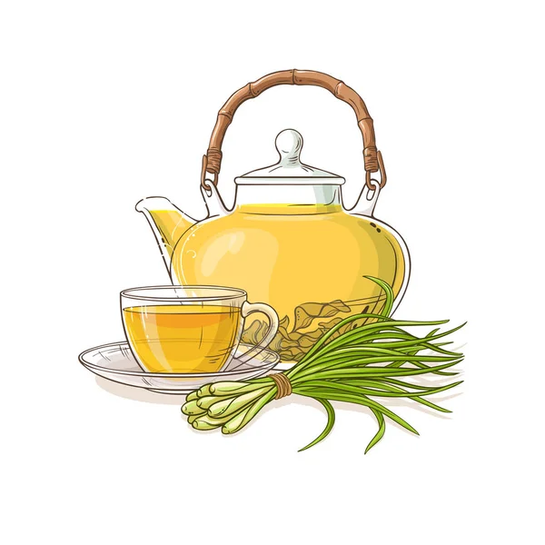 Citromfű Tea Teáskanna Ábrán Látható Fehér Alapon — Stock Vector